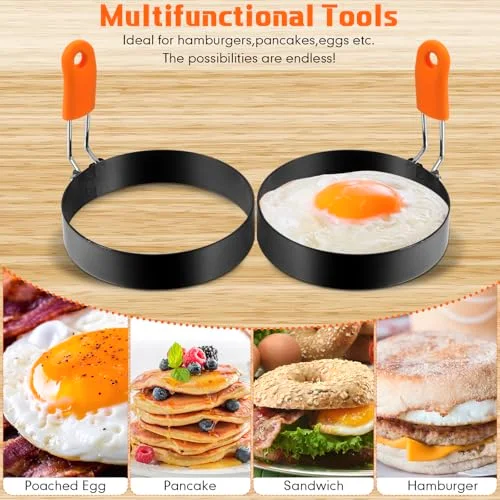 6 Pcs Egg Ring Pancake Ring Set Stainless Steel Fried Egg Molds Griddle Pancake Shapers with Silicone Handle for Breakfast Omelette Sandwich view 2