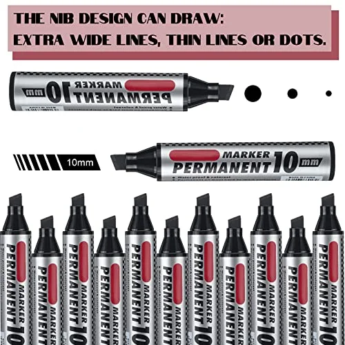 100 Pack Jumbo Size Markers Bulk, Black 10mm Chisel Tip Large Marker Pens, Waterproof Quick Dry Markers for Industrial Art, Work on Metal Wood Plastic Glass view 3