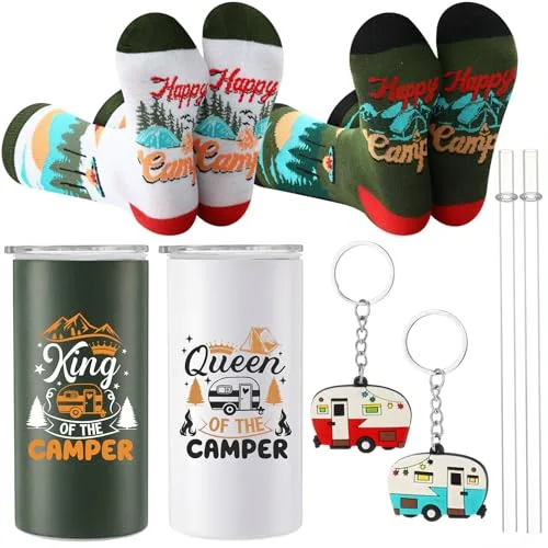 6 Pcs Camping Gift Set RV Gifts for Couple Includes 12 oz Stainless Steel Wine Tumblers Unisex Crew Socks Keychains Outdoor Gifts for Women Men Picnics Hiking RV