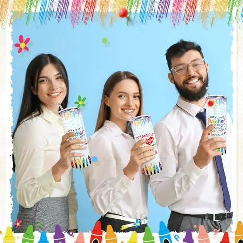 2 Pcs Back to School Teacher Gift Tumbler Composition Book 20 oz Skinny Tumbler Stainless Steel Cup with Lid Straw Brush Thank You Present view 3