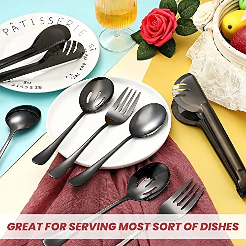 8 Pcs Black Stainless Steel Serving Utensils Set 8.7" Large Spoons and Slotted Spoon 9.45" Tong 9" Forks Flatware Wedding Party Restaurant Cooking Kitchen Holiday Buffet Banquet Catering Hotel view 3