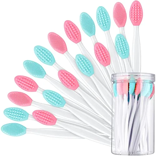 24 Pcs Silicone Lip Scrub Brush with Container,Pink, Green