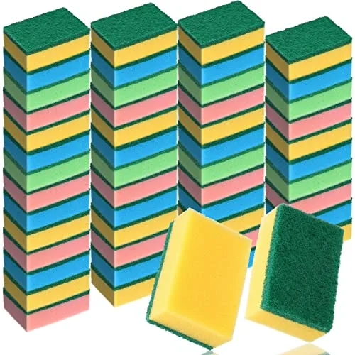 100 Pcs Heavy Duty Sponges Kitchen Bulk Dish Sponges Cleaning Scrub Sponge Abrasive Scrubber Sponge Non Scratch Scouring Absorbent Dish for Washing Kitchen Assorted Colors