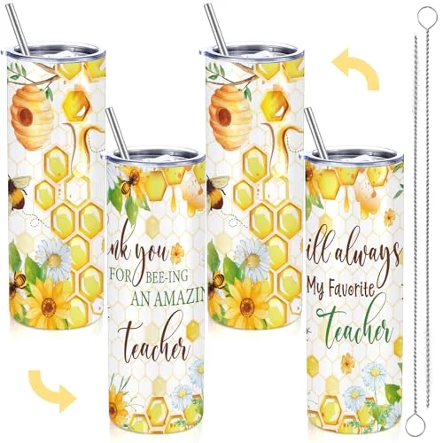2 Pcs Teacher Tumbler 20 Oz Skinny with Lid Straw,Bee Flower
